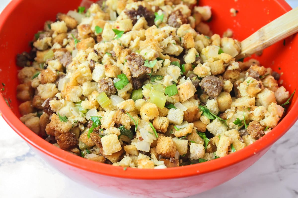 Bowl of ingredients for sausage stuffing.