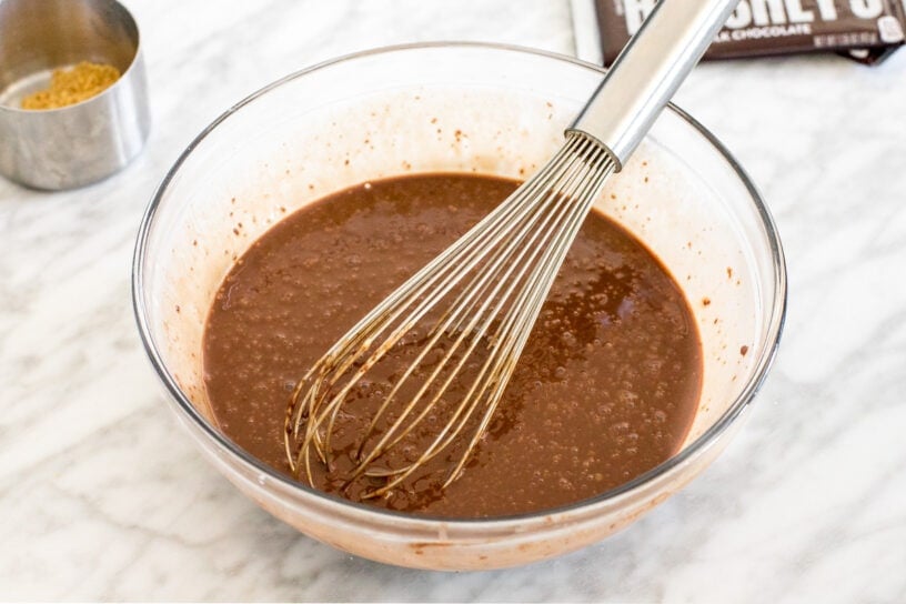 Chocolate for smores pie recipe in glass bowl.