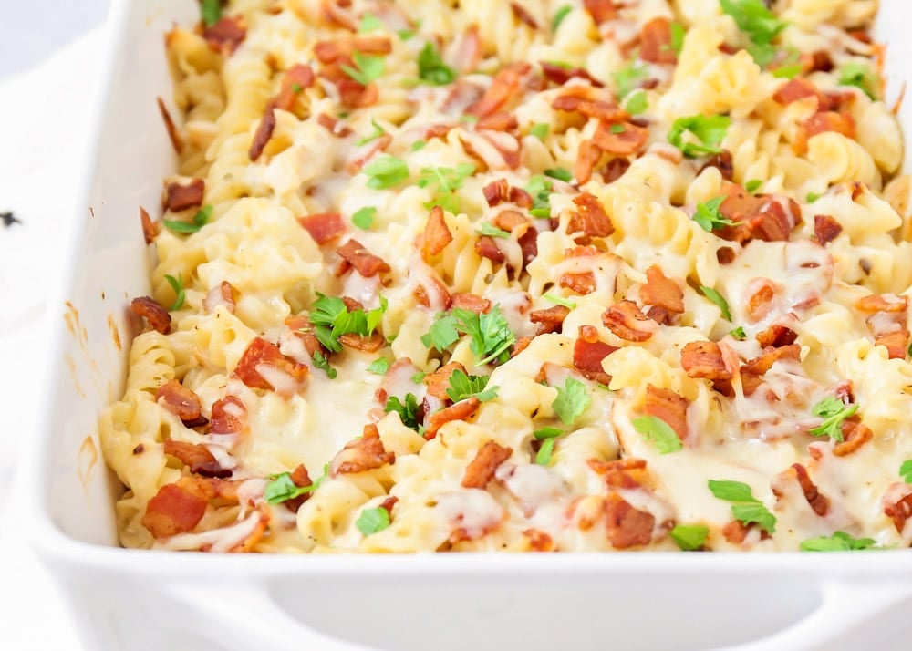 Leftover turkey recipes - a baking dish filled with chicken bacon ranch casserole.