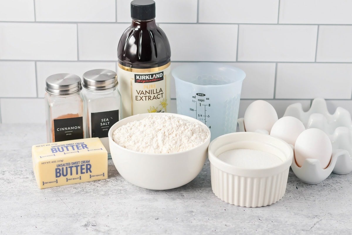 Homemade churros recipe ingredients on counter.