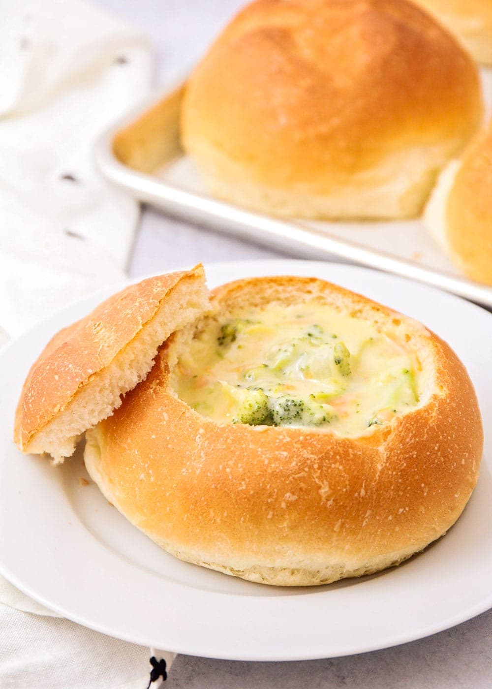 Homemade bread bowls with soup inside