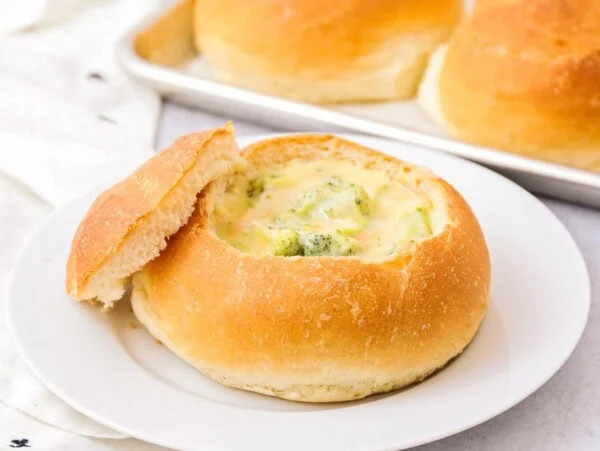 Bread bowls recipe filled with broccoli cheese soup.