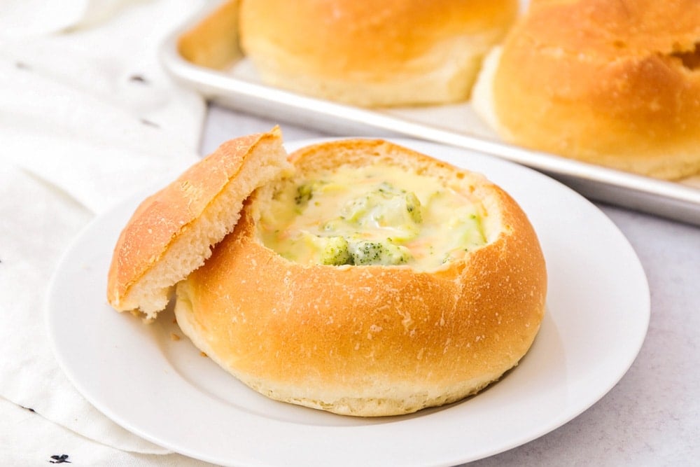 Yeast bread recipes - bread bowl recipe filled with broccoli cheddar soup.