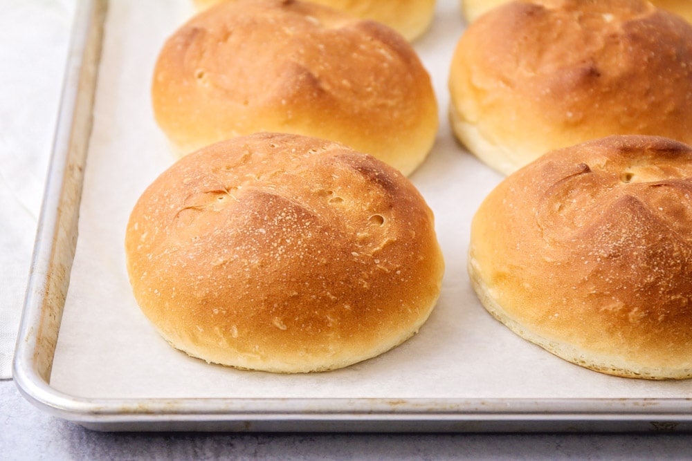 Bread bowls on baking sheet