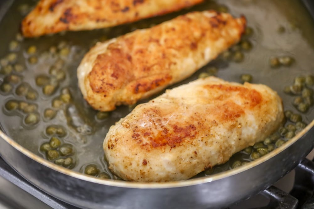 Chicken cooked in lemon butter sauce and capers