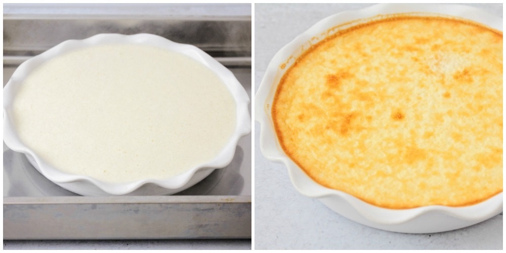 Flan dessert before and after being baked in the oven