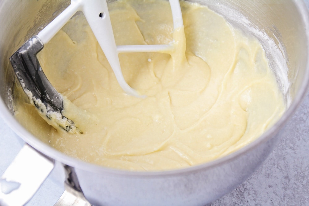 Pound cake batter in a mixing bowl