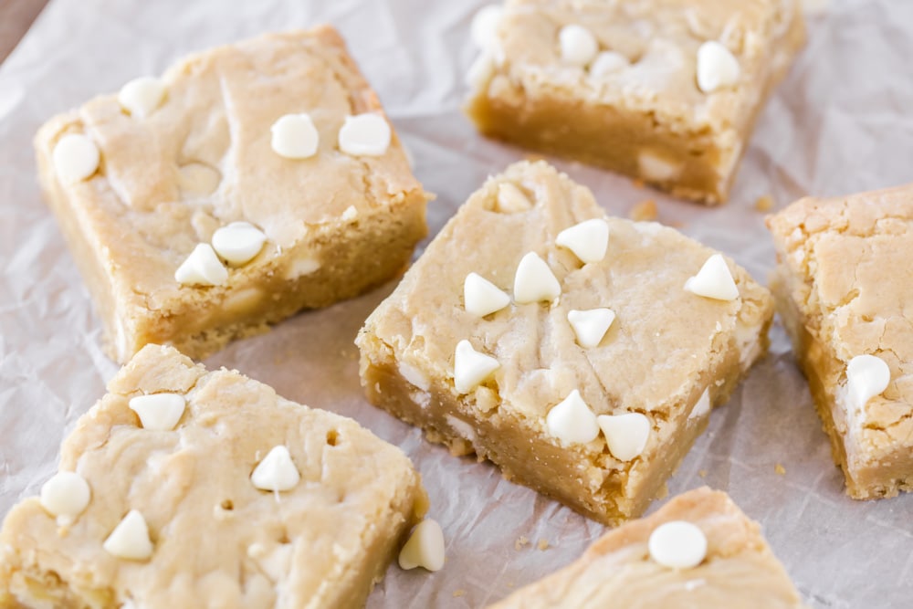 New years eve desserts - several blondie recipe squares spread on wax paper.