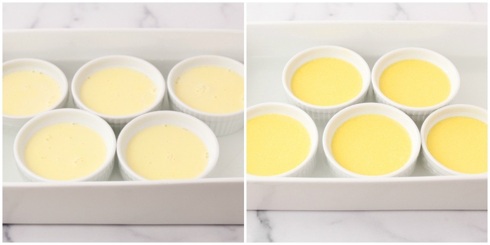 How to make creme brulee process pictures - cooking the custard in a water bath.