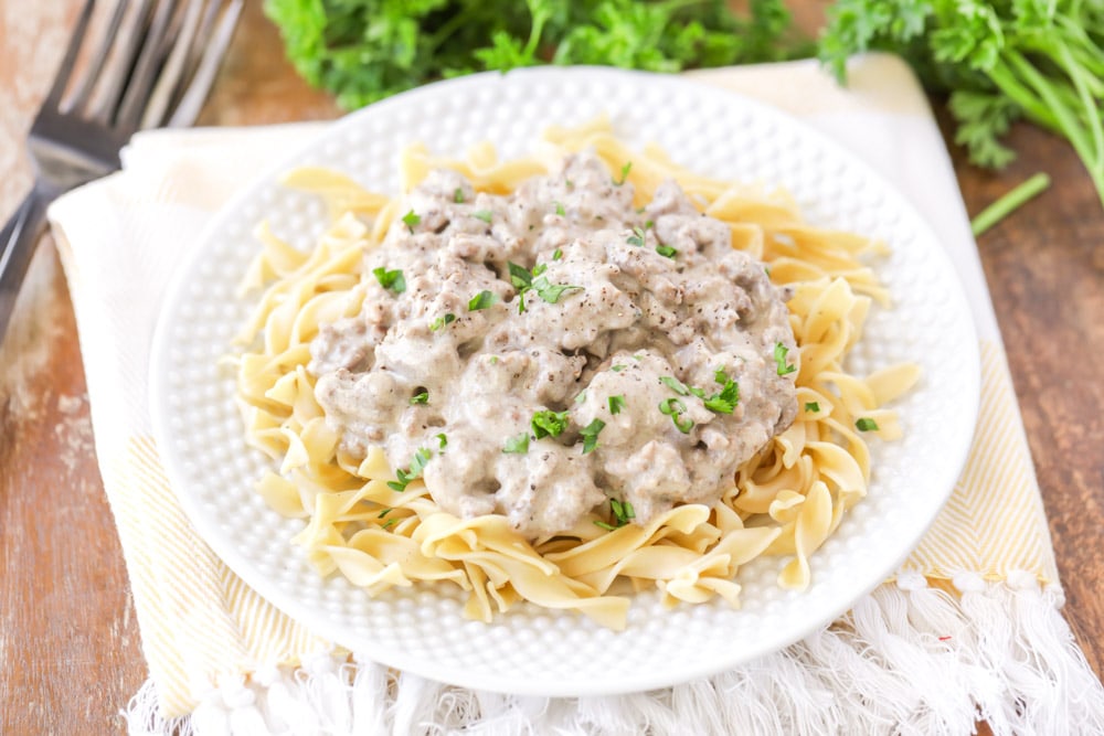 Hamburger Stroganoff served on a white plate