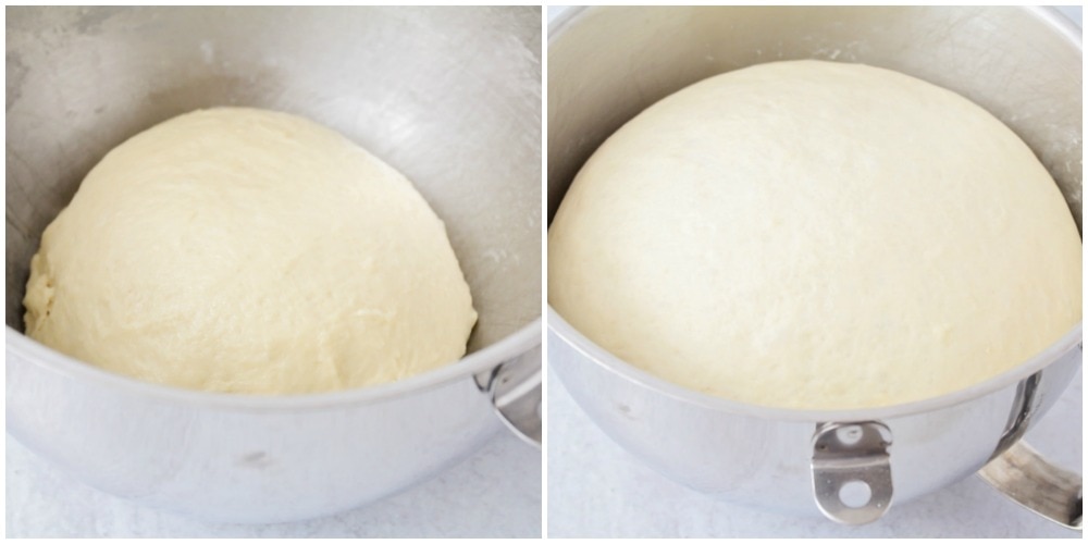 Potato rolls dough rising in a mixing bowl.