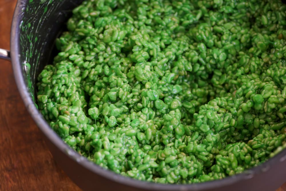 Rice krispies covered in green marshmallow mixture