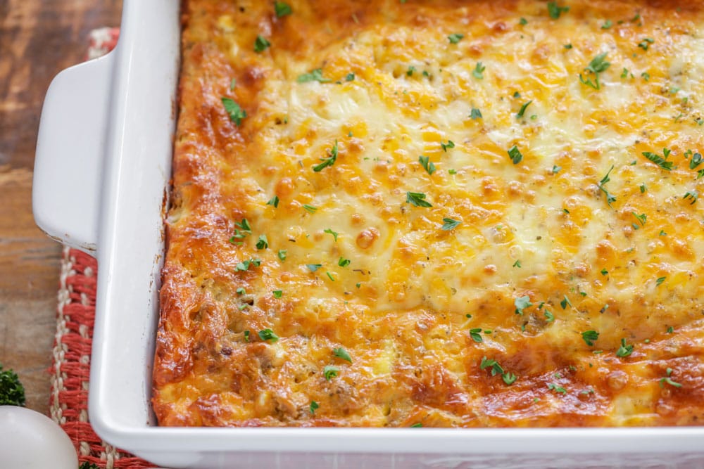 Baked crescent roll breakfast casserole in a serving dish