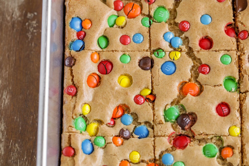 M and M Cookie Bars cut into slices