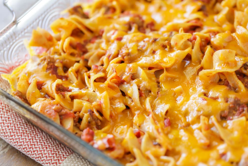 Cheeseburger casserole in a glass baking dish