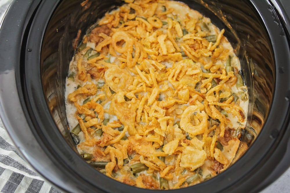 Crockpot Green bean casserole in the slow cooker.