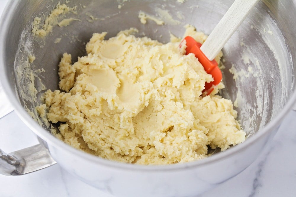Dough for strawberry sugar cookie bars in a mixing bowl
