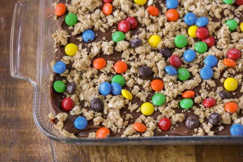 M&M chocolate bars served in a glass baking dish