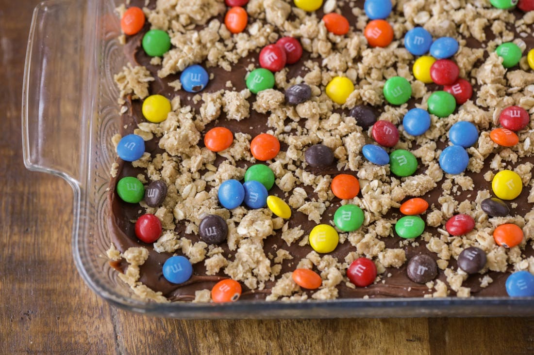 M&M chocolate bars served in a glass baking dish.