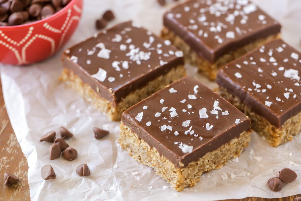 Cookie bar recipes - oh henry bars cut into squares and topped with sea salt.