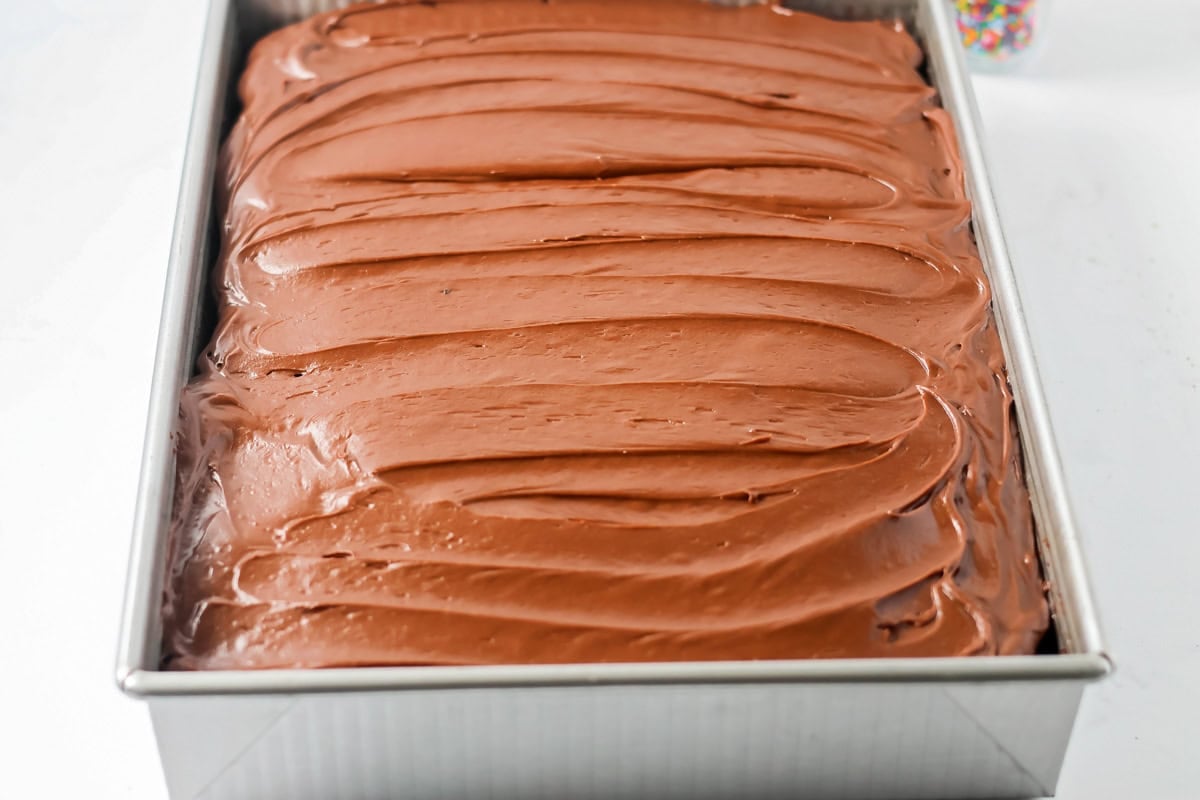 Frosted sour cream chocolate cake recipe in baking dish.