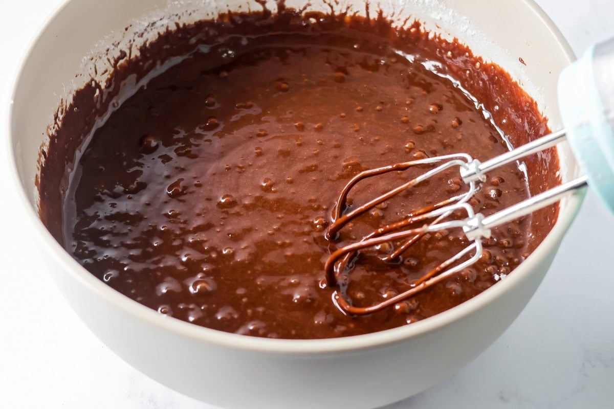 Sour cream chocolate cake batter in bowl.