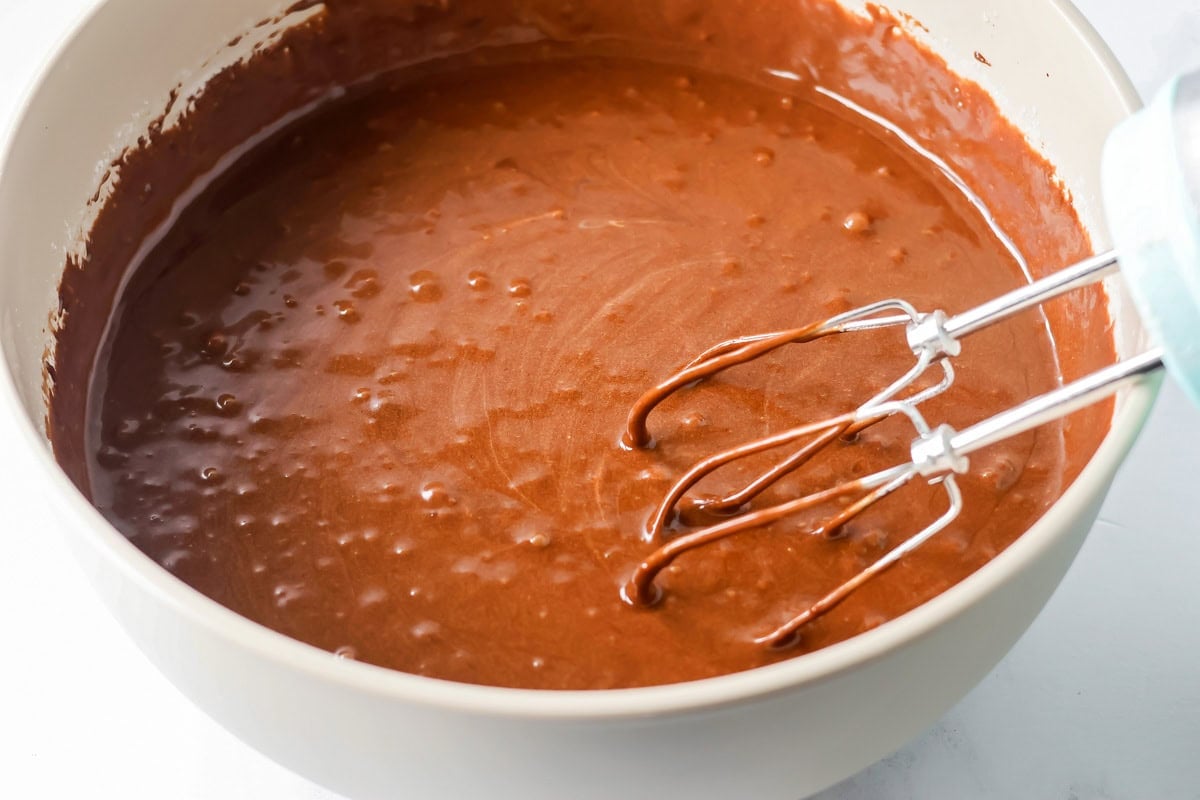 Chocolate cake batter in mixing bowl.