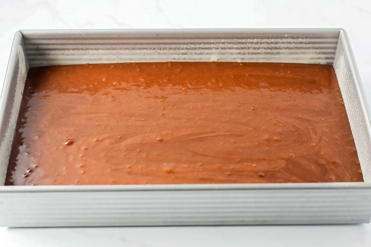 Prepping to bake moist sour cream chocolate cake recipe.
