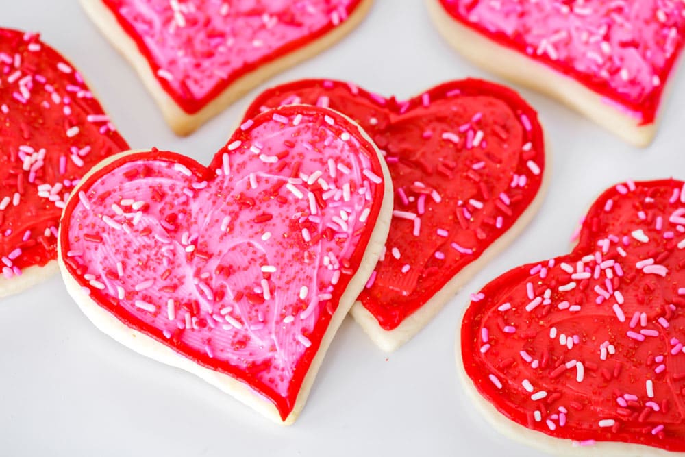 Close up of Valentine's sugar cookies. 