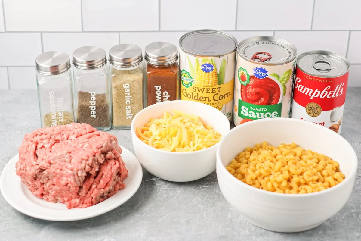 Hamburger casserole ingredients on counter.