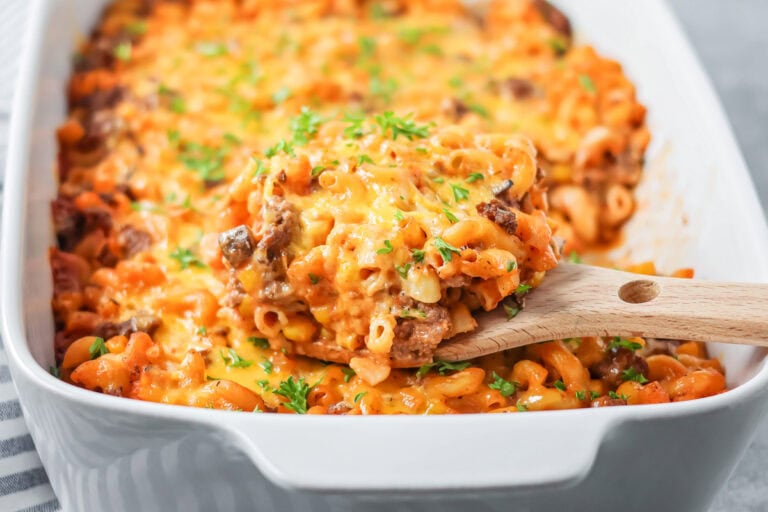 Hamburger casserole recipe with cheese on top and baked in baking dish.