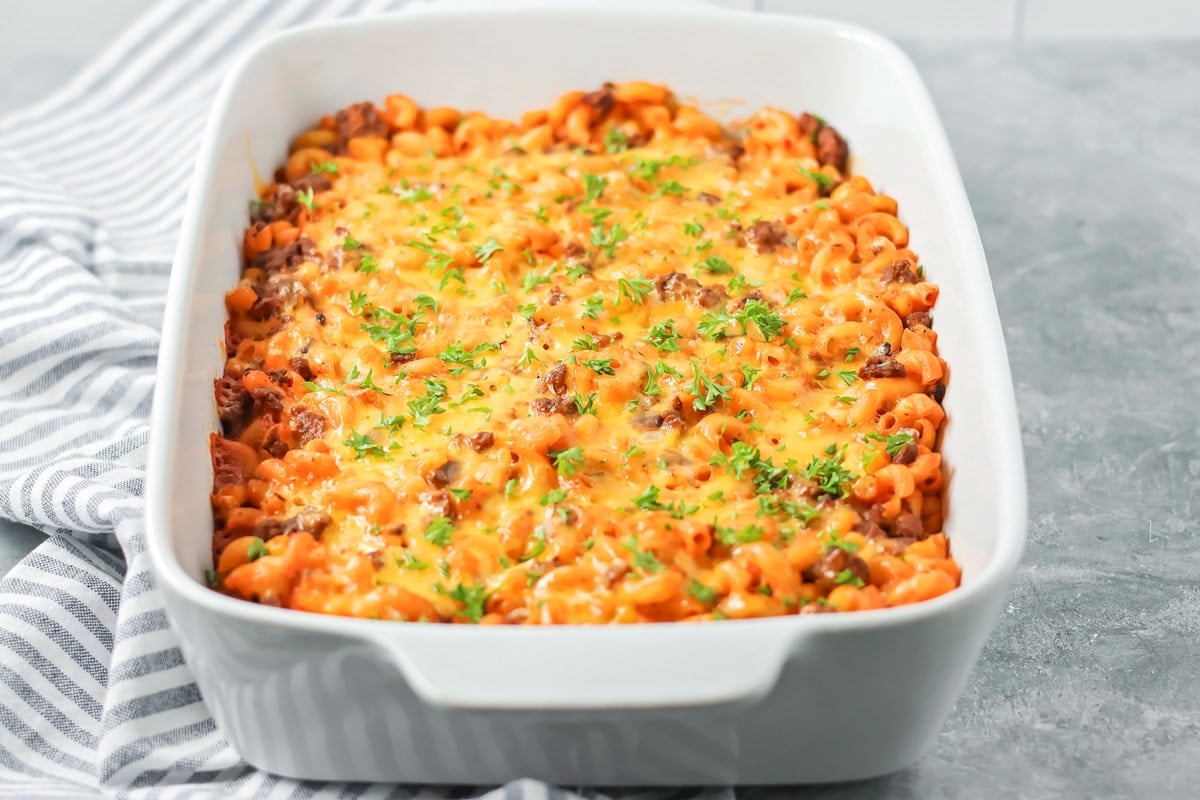 Hamburger casserole baked in baking dish.