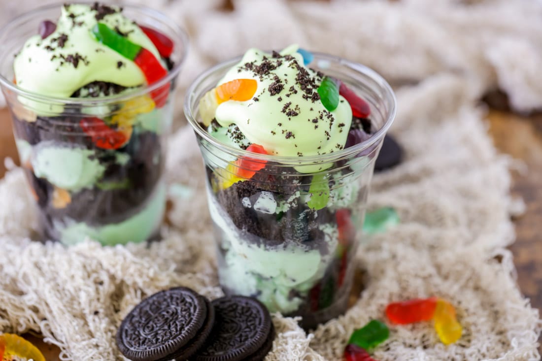 Oogie Boogie Sundae recipe - topped with green whipped cream and gummy worms