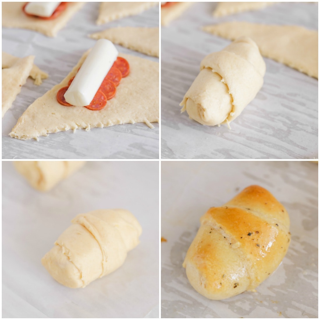 Rolling cheese and pepperoni in crescent roll dough