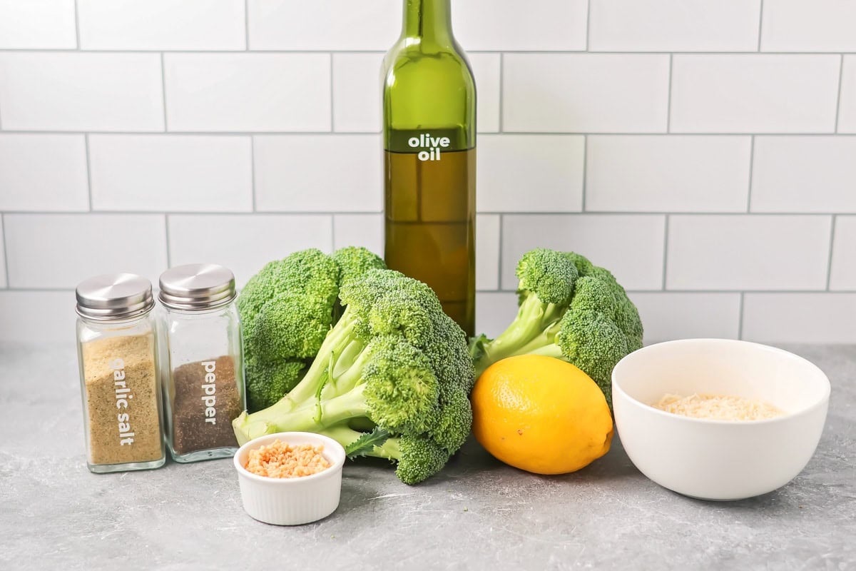 Roasted Broccoli ingredients on countertop.