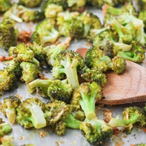 Roasted broccoli recipe cooked on baking sheet.
