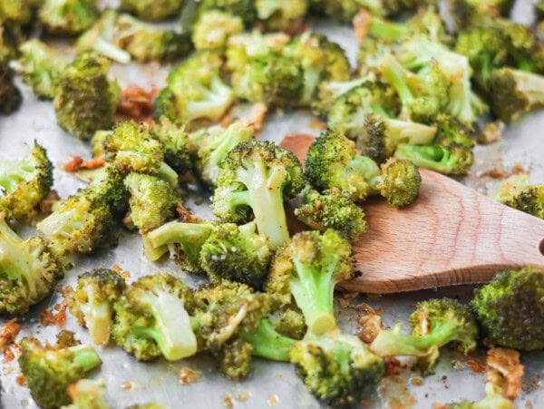 Roasted broccoli recipe cooked on baking sheet.