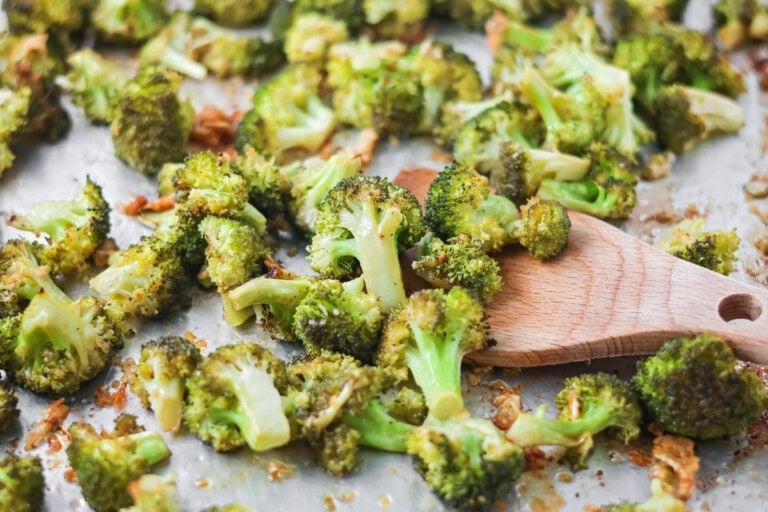 Roasted broccoli recipe cooked on baking sheet.