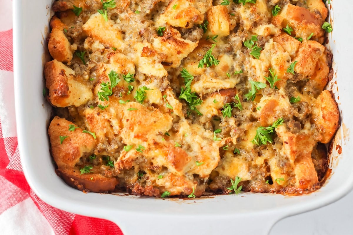 Top view of a baked Christmas breakfast casserole.