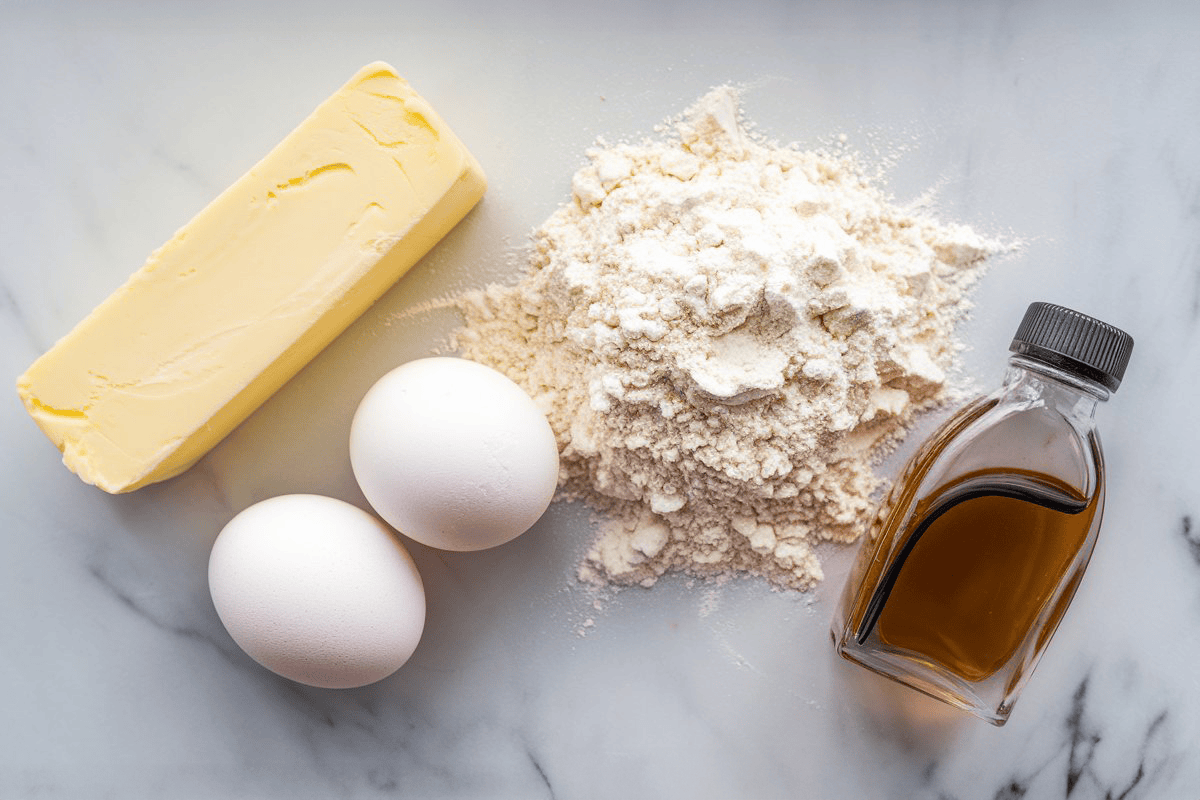 Eggs, butter, flour, and vanilla on a white marble countertop.