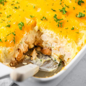 Thanksgiving Leftover Casserole layers turkey, stuffing, mashed potatoes, and cheese into an easy family dinner perfect after the holidays.
