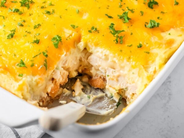 Thanksgiving Leftover Casserole layers turkey, stuffing, mashed potatoes, and cheese into an easy family dinner perfect after the holidays.