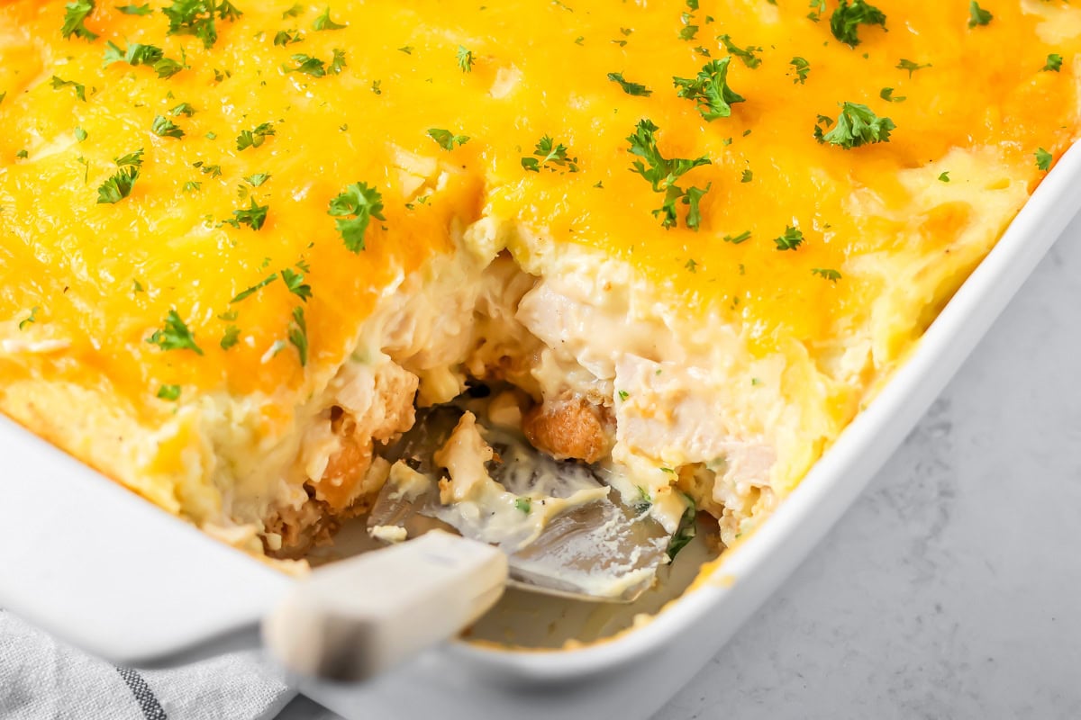Thanksgiving Leftover Casserole layers turkey, stuffing, mashed potatoes, and cheese into an easy family dinner perfect after the holidays.