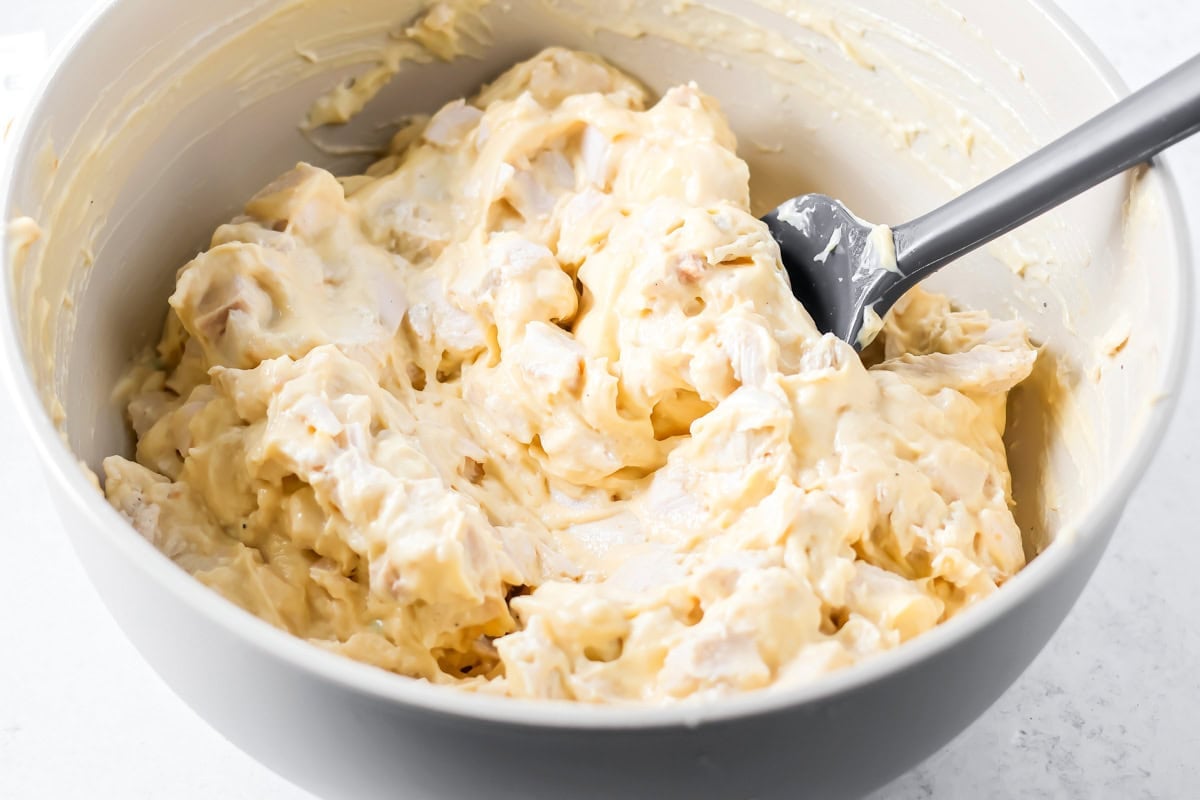 Mixing turkey and sauce in a bowl for thanksgiving turkey casserole.