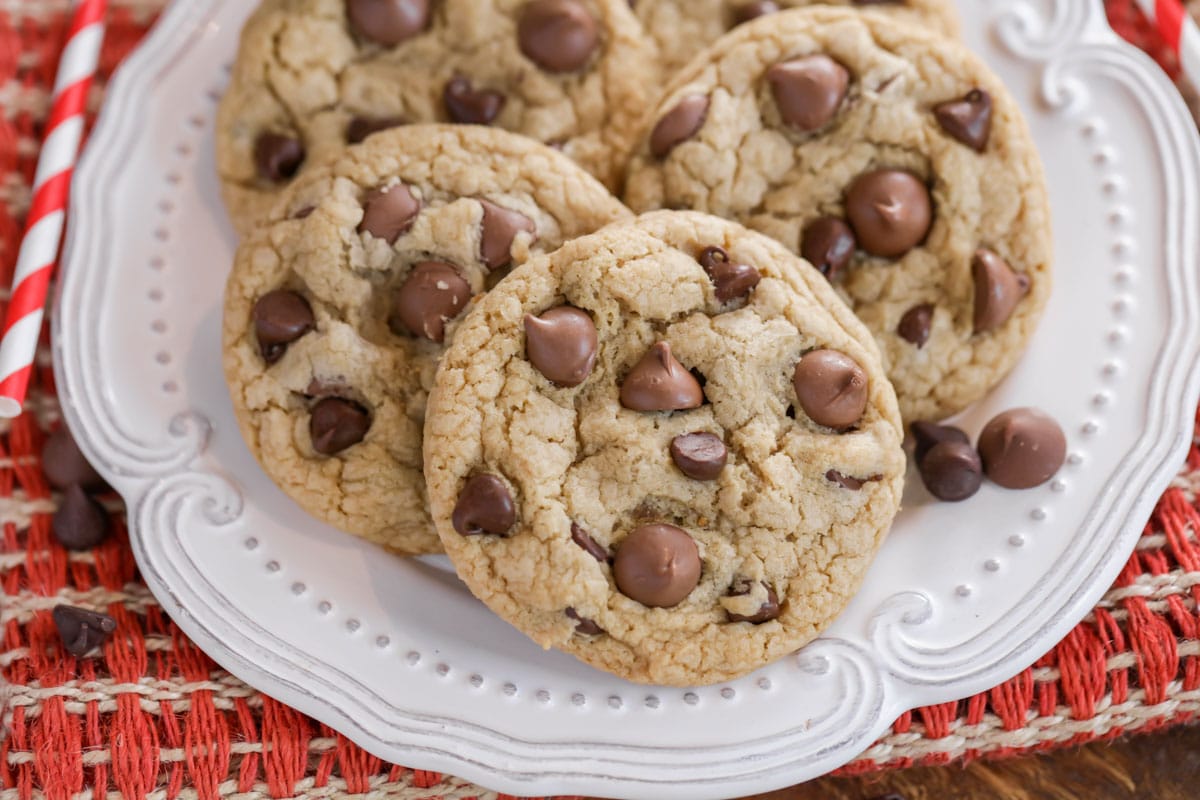 5 chewy chocolate chip cookies on a white plate