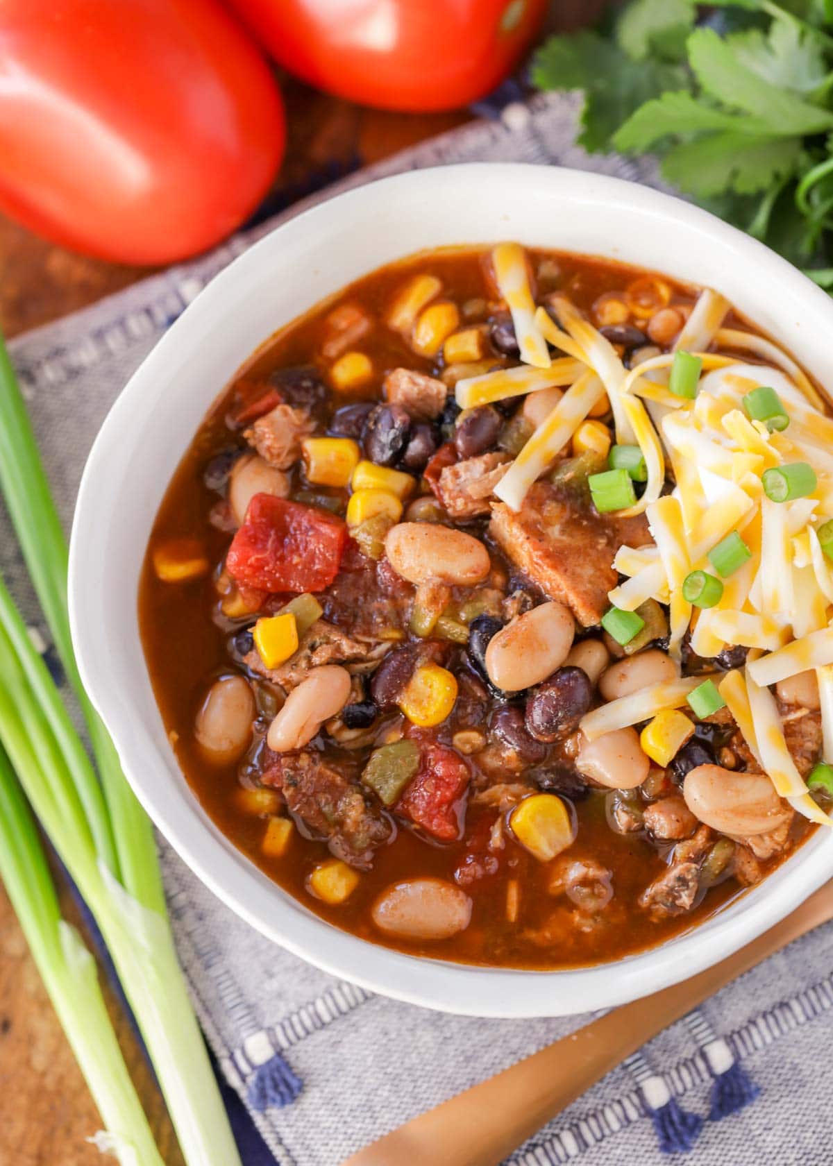 Slow cooker turkey chili in a white bowl.