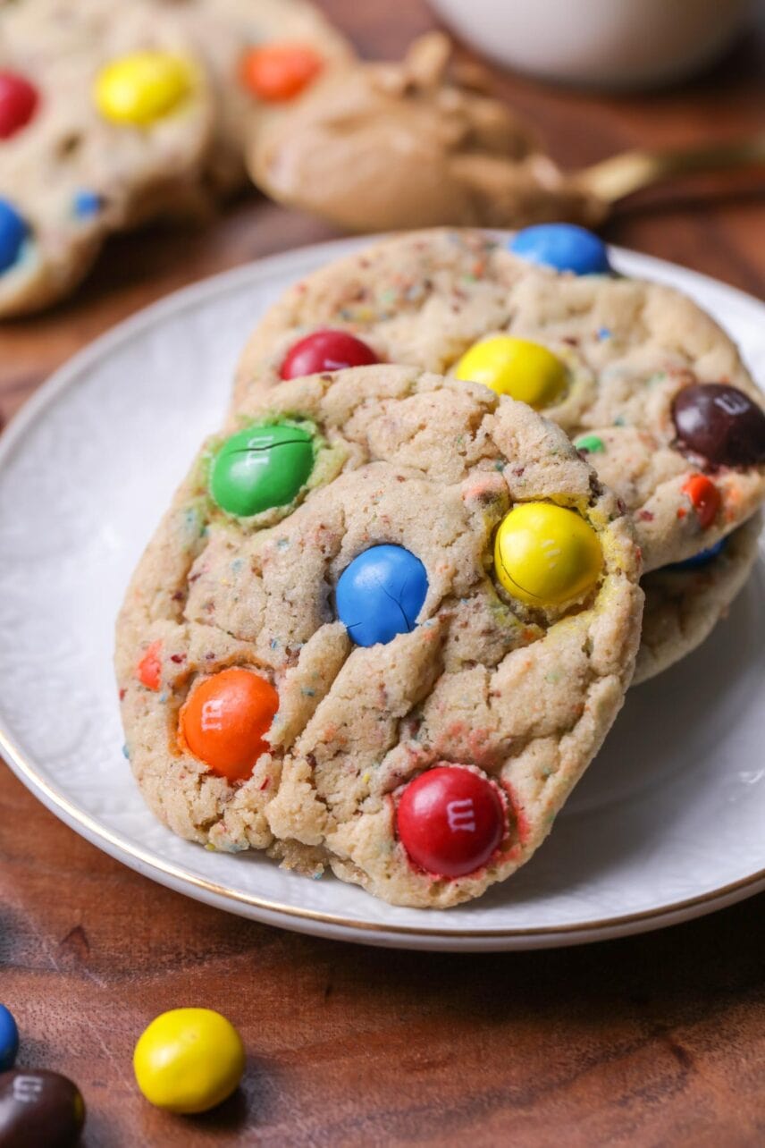 Chewy Peanut Butter M&M Cookies on a plate