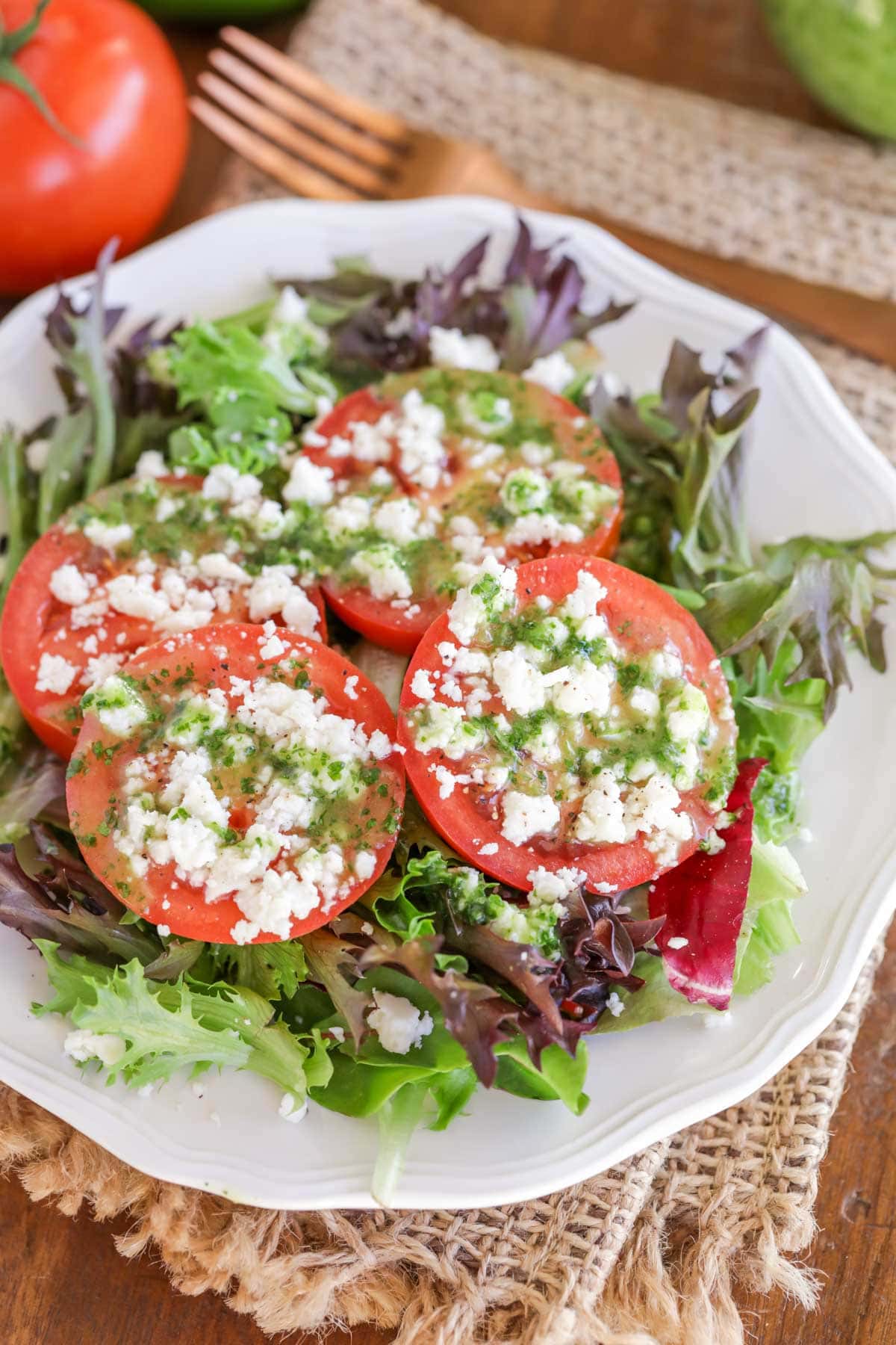 Southwest Caprese Salad on a white plate