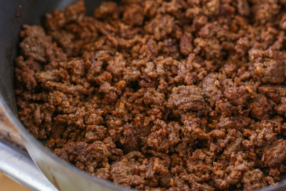 Taco seasoned ground beef in a skillet
