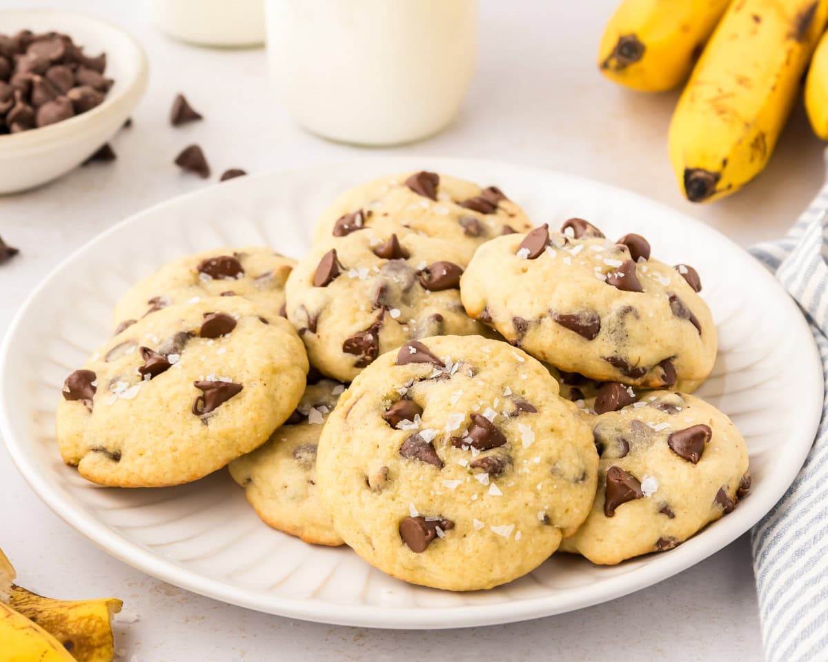 A plate of banana chocolate chip cookies.